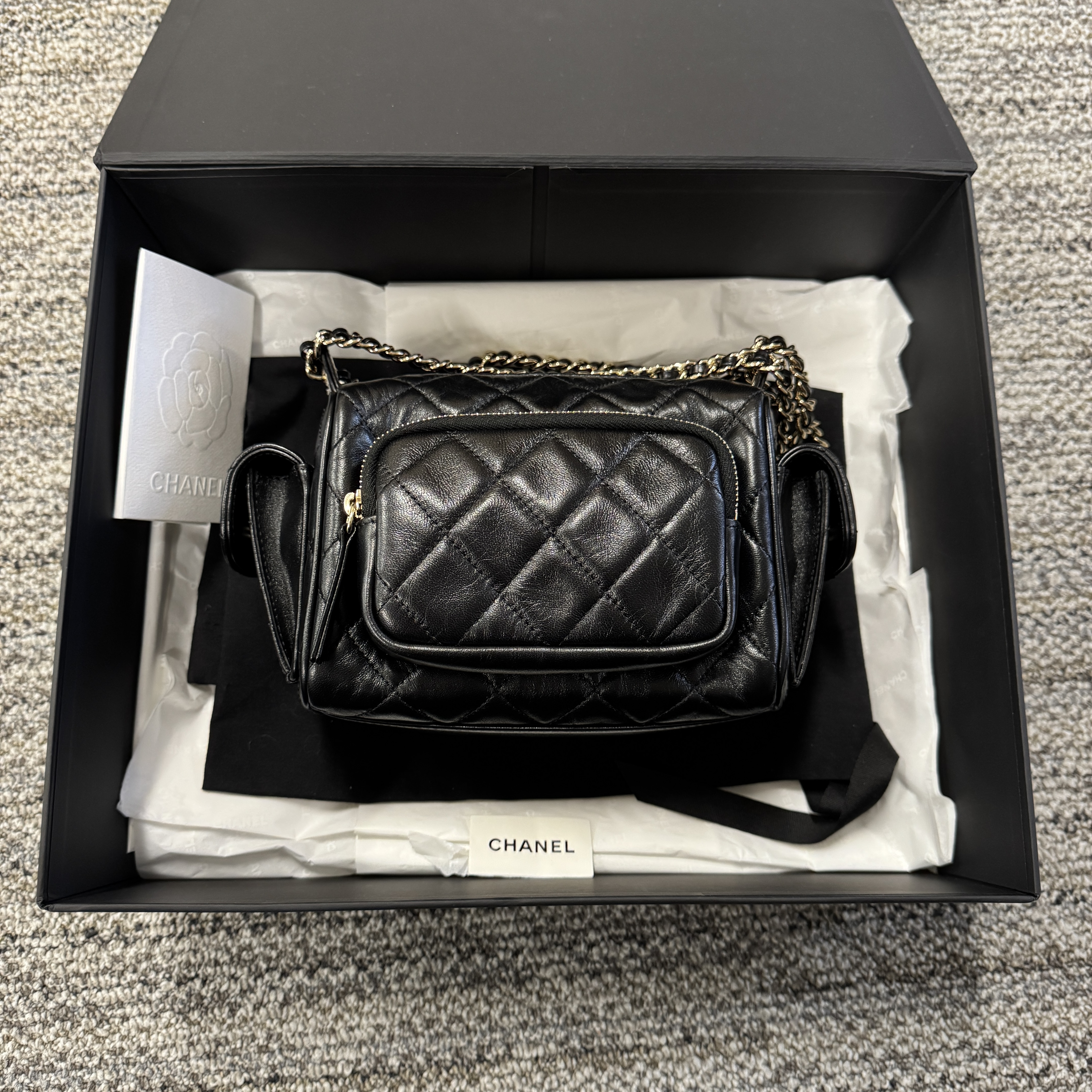 CHANEL  Preppy Pocket Camera Bag Shiny Crumpled Black Lambskin LGHW